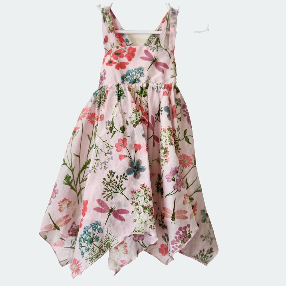 Baby Girl Dress 12M Floral Boho Dragonfly Handkerchief Hem Birthday Pink